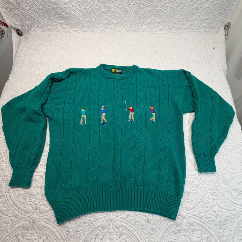 Golden Bear Jack Nicklaus Vintage Green Cable Knit Golf Sweater Mens XL Cotton